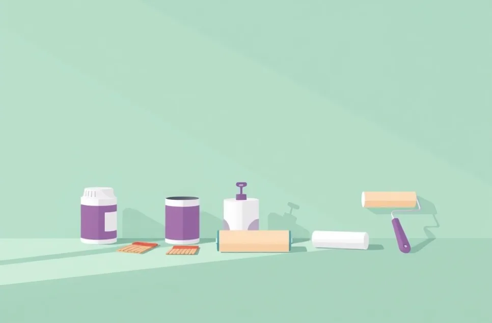Outils de peinture disposés dans l'ordre des étapes du chantier