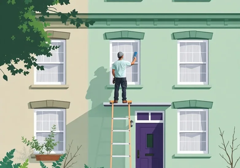 Peintre sur échafaudage traitant la façade d'une maison
